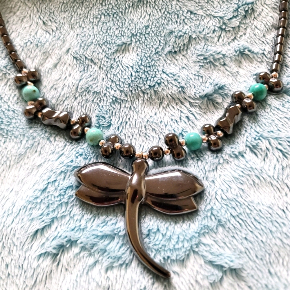 Hematite and Turquoise dragonfly necklace
